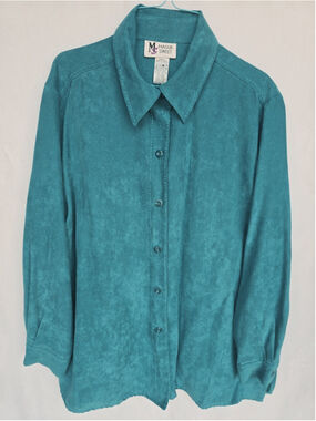 VTG Maggie Sweet Faux Suede Blouse 1X Turquoise Teal Green Shirt Shacket Y2K